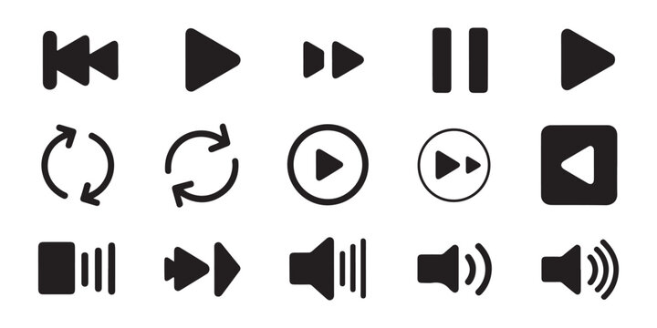 Large set of black media interface elements including volume control symbols and playback indicators.
