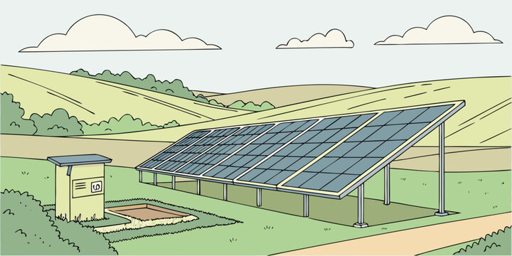 Cartoon illustration of ground mounted solar panel array in rural landscape with power converter box renewable sustainable electricity landscape alternative environment technology photovoltaic