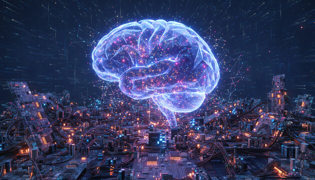 An abstract representation of a digital brain over a futuristic city, showcasing the integration of technology and innovation.