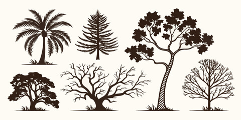 Set of decorative tree silhouettes including deciduous and coniferous species with silhouette landscape botanical woodland deciduous evergreen branches isolated illustration elements © Mamun