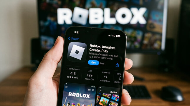 Closeup of a hand holding a smartphone displaying the Roblox app store page for download with a computer monitor in the background showing the official gaming platform logo and brand interface