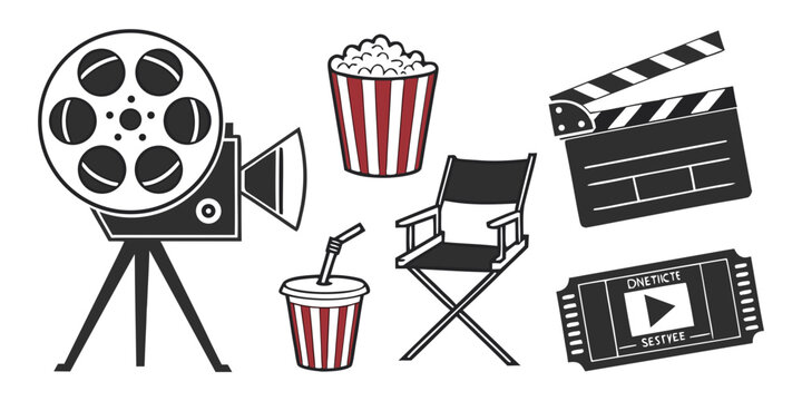 Cinema and movie production icons set with film equipment production clapperboard entertainment illustration director equipment watching minimalist industry celebration projection
