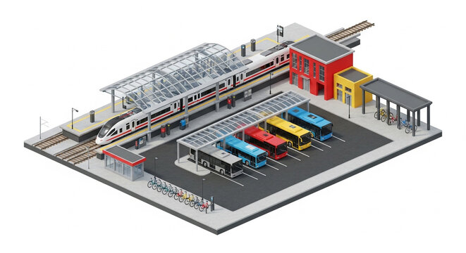 Isometric view of a modern intermodal transportation hub with train station, high-speed train, and multiple bus stops.