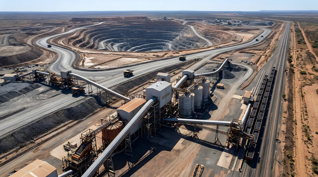 Aerial view of large scale industrial open pit mine operation.
