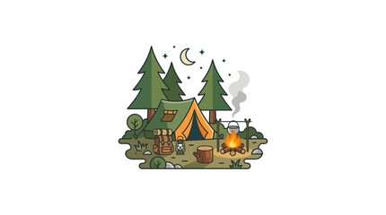 Camping Scene: Tent, Campfire, Moon, Stars, Trees - Outdoor Adventure © Kompor