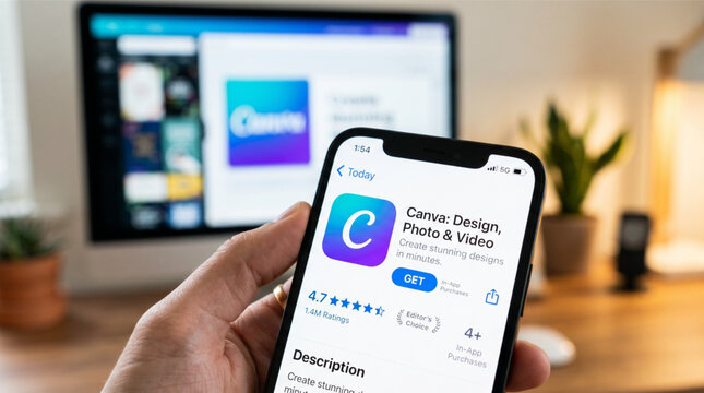 Close up of a hand holding an iPhone displaying the Canva app store page with a computer monitor in the background showing the Canva web interface, graphic design software and creative tool concept.