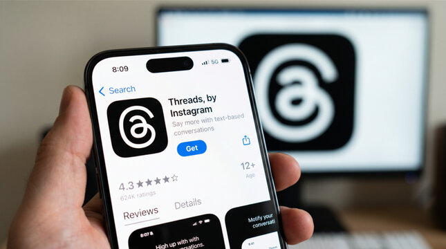Closeup of a hand holding a smartphone displaying the Threads by Instagram app store page with a computer monitor in the background showing the Threads logo, social media platform application.