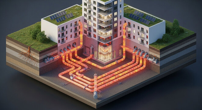 Isometric cross-section of a modern building showcasing an underground geothermal or district heating system with glowing pipes and rooftop solar panels.