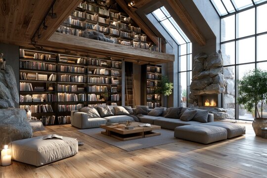 cozy living room with bookshelves and fireplace