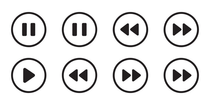Set of simple black outline media player icons in circles isolated on transparent background.