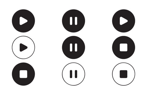 Set of media player buttons with various play pause and stop symbols on transparent background layers.