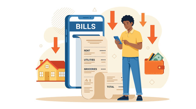 Young man using a smartphone to manage home bills in this clean flat vector graphic illustration