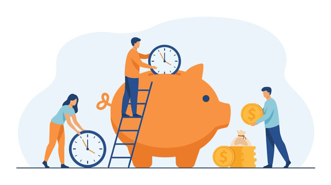 Professional people managing time and saving money in a flat vector graphic style business illustration