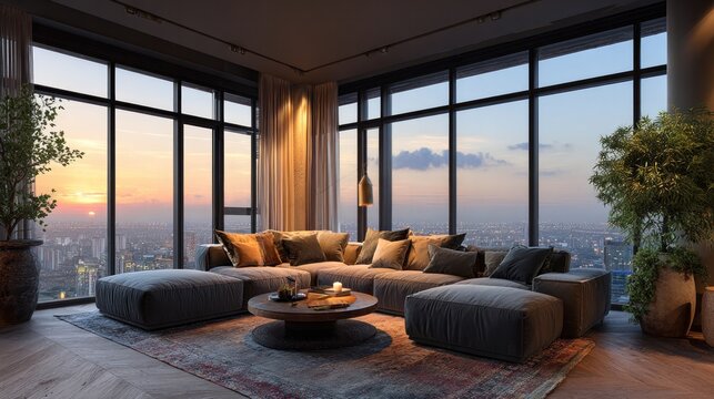 luxurious living room with cityscape view at sunset