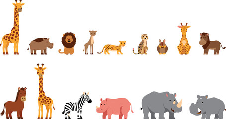 Cute Safari Animal Vector Icon Set with Giraffe, Lion, Zebra, Rhino, Cheetah, and Hippo Cartoon Characters for Kids Nursery and Jungle Educational Graphics © Rafika