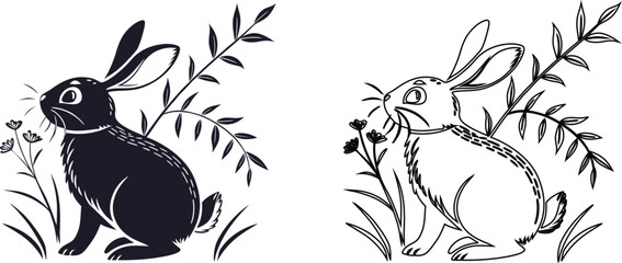 Naklejka premium Cute cartoon rabbit sitting in the grass with leaves and plants vector illustration set in black and white silhouette