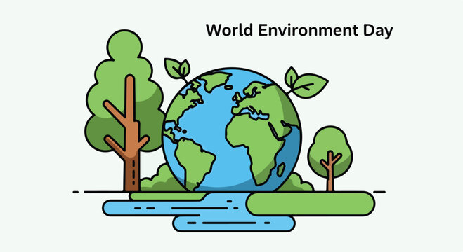 A cartoon globe with trees and water for World Environment Day