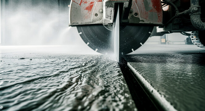 Industrial concrete saw cutting through a floor with water spray. Heavy-duty machinery performing precision masonry work on a construction site. Infrastructure development and repair concept.