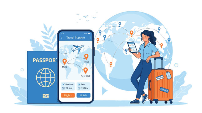 Young woman using a mobile travel planner app with a passport and luggage vector illustration