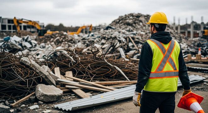 A construction worker in a hard hat and safety vest stands amidst a large pile of demolition debris at a construction site with heavy machinery in the background.