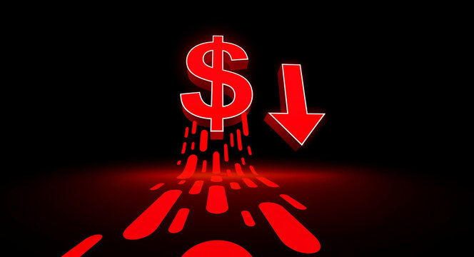 Red dollar sign melting into a liquid stream with a downward arrow. Glowing 3D currency symbol on a dark background representing financial decline. Economic crisis and market crash concept.