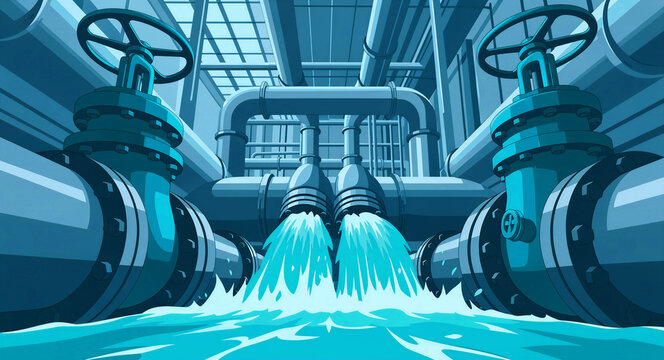 Industrial pipes with large valves discharging water in a facility. Stylized illustration of a complex plumbing system or water treatment plant. Water management and engineering utility concept.