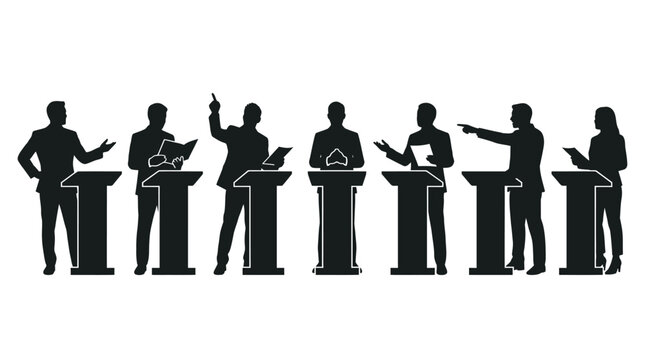 Professional black vector illustration of diverse political candidates debating behind podiums during a televised event