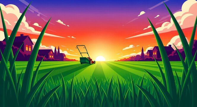 Lawnmower on a green lawn at sunset in a suburban neighborhood. Vibrant vector illustration of residential yard maintenance and gardening. Landscaping service concept, ideal for garden care marketing.