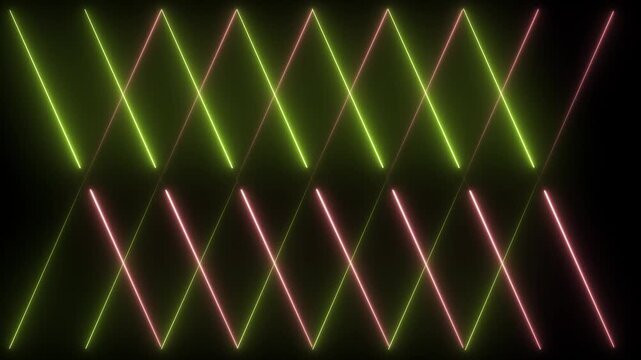 Abstract neon light beams forming dynamic geometric diamond patterns with glowing pink and lime green laser lines on a deep black background, for modern digital, motion and visual projects