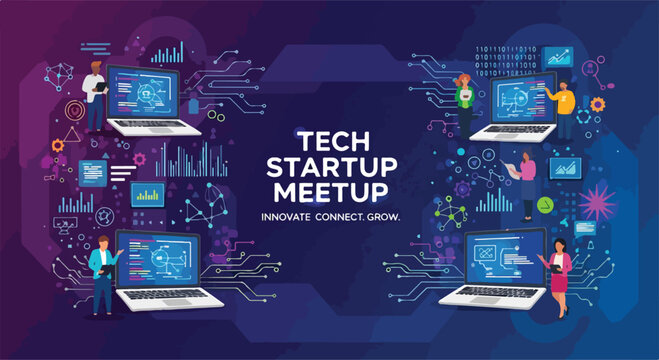 Vibrant tech startup meetup with laptops and diverse professionals