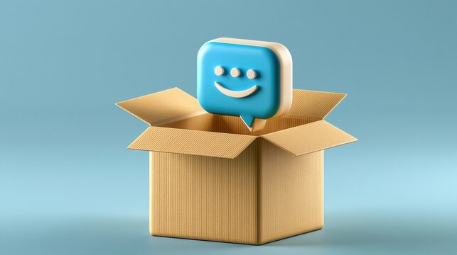 Cardboard box with an opening from which a smiling message bubble emerges, representing positive feedback.