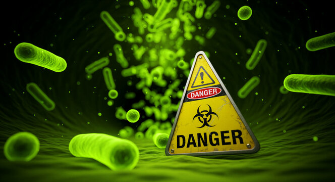 Microscopic bacteria floating near a biohazard danger sign. Pathogens and microorganisms spreading in a dark biological environment. Infection concept for medical health and pandemic awareness.