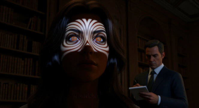 Woman with hypnotic spiral patterns projected on her face and eyes. A male psychiatrist or therapist takes notes in a dark library background. Concept of mind control and psychological hypnosis.