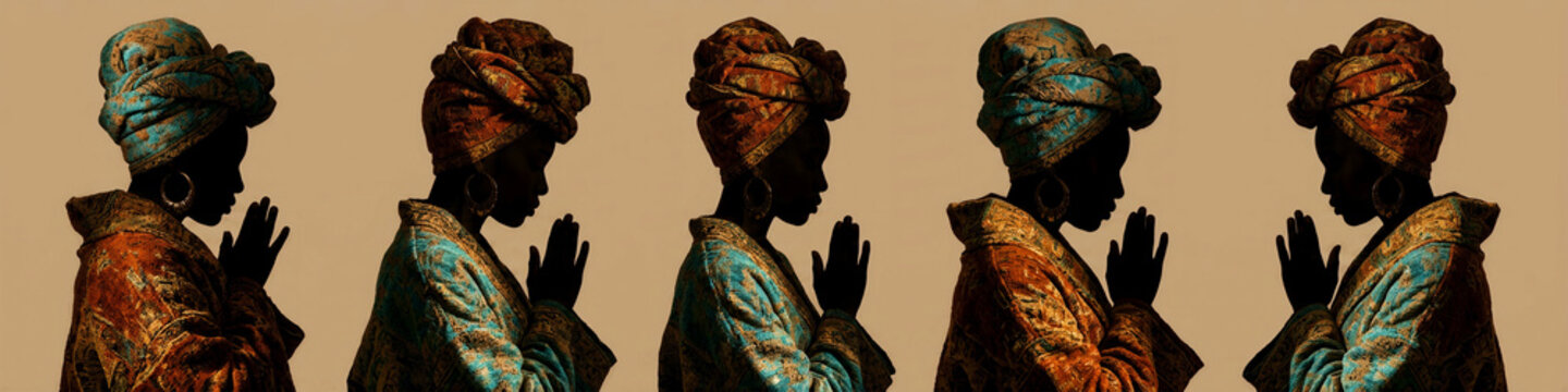 Silhouette of an African woman in traditional headwrap with hands in prayer position. Artistic repetition of a female figure wearing patterned robes and jewelry. Spirituality and mindfulness concept.