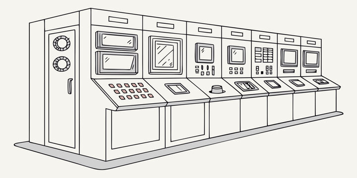 Retro technology command center with multiple screens and control stations control station power plant vintage technology old fashioned control system instrument panel retro design technology