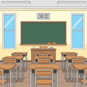 Empty classroom with desks and a green chalkboard