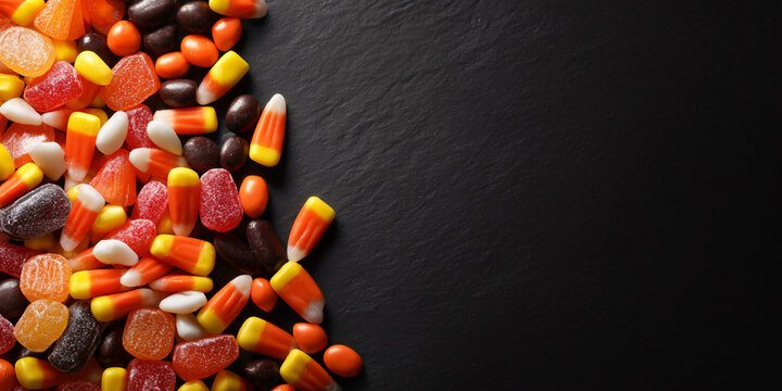 Halloween Candy Corn Collection on Black Background Flatlay