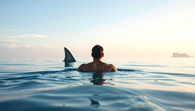 Solitary Swimmer Facing Shark Fin in Calm Open Ocean Water