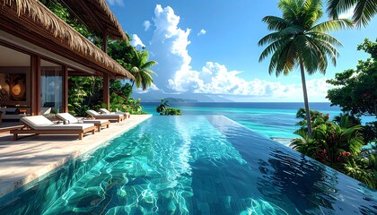 Obraz premium A serene infinity pool overlooking the ocean with a thatched roof hut