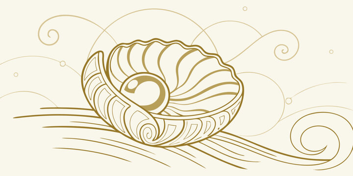 Stylized illustration of an open seashell with a large pearl inside gold outline on cream seashell illustration decorative abstract minimalist background treasure discovery collectible