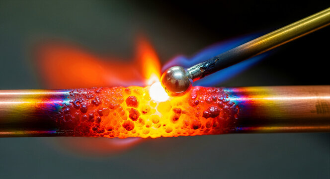 Blowtorch flame heating a copper pipe during industrial brazing. Intense heat creates a glowing molten surface on the metal. Professional plumbing and HVAC repair concept for industrial marketing.