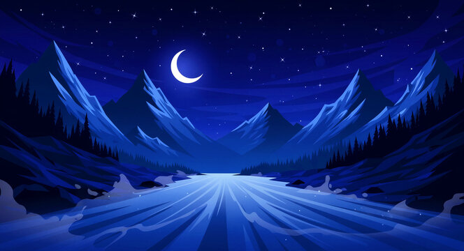 Stylized night mountain landscape with crescent moon and starry sky. A blue river flows through a valley between jagged peaks and pine tree silhouettes. Serene wilderness nature concept.