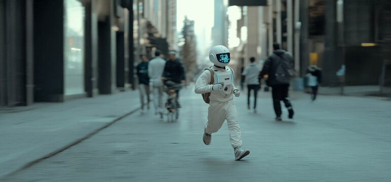 Man Running Through City Streets, Escaping a Robot Controlled by Artificial Intelligence. Generated image