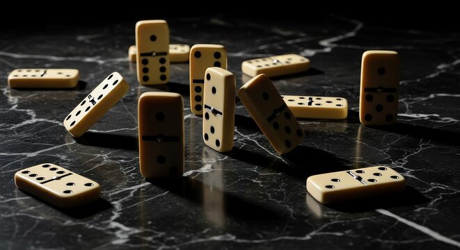 Game pieces fall on marble surface in close-up view