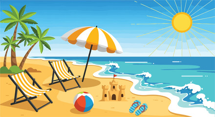 A beach scene with palm trees, chairs, umbrella, and ocean © Rilias