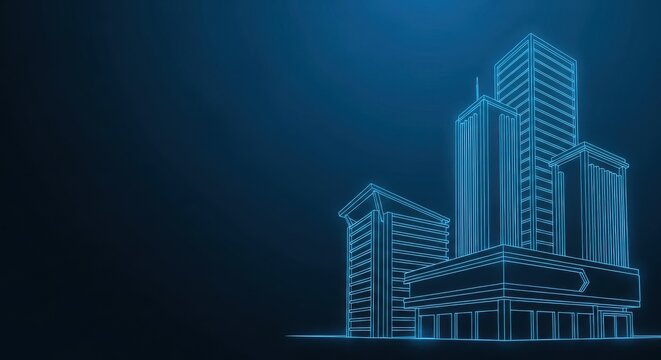 Modern architectural blueprints showcasing city skyscrapers in a digital neon outline