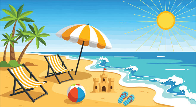 A beach scene with palm trees, chairs, umbrella, and ocean