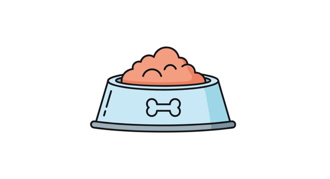 Simple and clean flat illustration of a blue pet food bowl overflowing with brown kibble and decorated with a white bone symbol in the center.