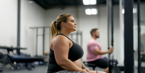 Fototapeta premium Plus size woman focused on training with battle ropes in the gym, showcasing strength and determination. Generated image