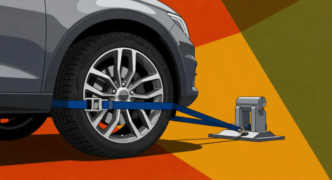 Car wheel secured with blue tie-down straps to a floor anchor. Illustration of a vehicle being stabilized for transport or testing. Automotive safety concept, perfect for shipping and repair.
